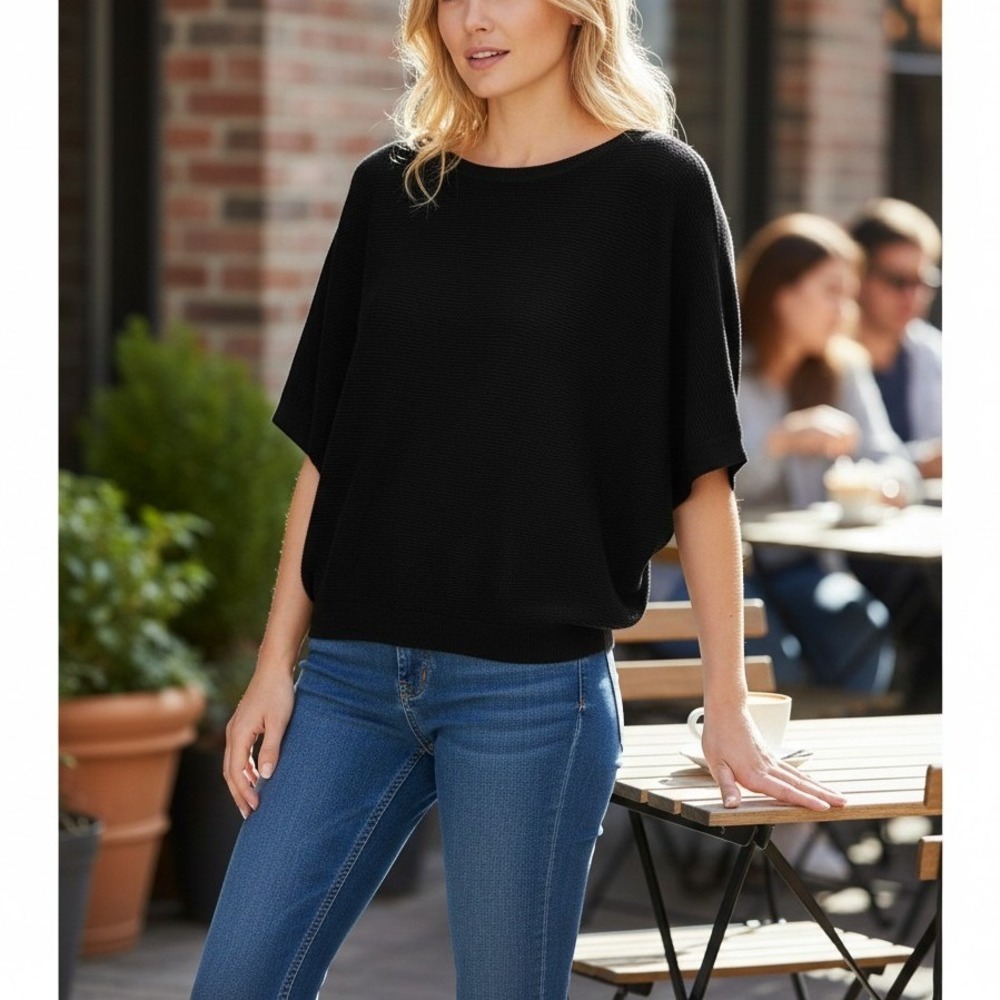 Quince Black Cotton Cashmere Batwing Short Sleeve Sweater Women Size M New
